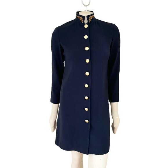 VTG LIZ CLAIBORNE Gold Button High Neck Military Style Dress in Navy SZ 4P - Picture 2 of 11